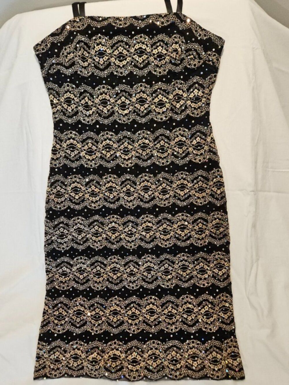 R&M Richards Metallic Gold Lace Rhinestone Cocktail Dress - 12